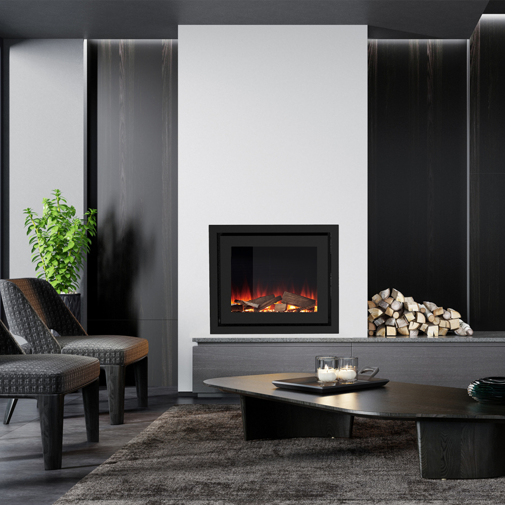 Moderne woonkamer met de Element4 Elite 80 I E elektrische haard, omgeven door stijlvolle meubels.