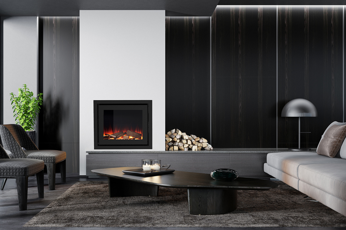 Moderne woonkamer met Element4 Elite 80 I E haard, donkere meubels en houtopslag.