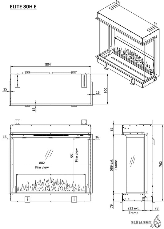 Technische tekening van de Element4 Elite 80 H e Supreme haard met afmetingen en zijaanzichten.