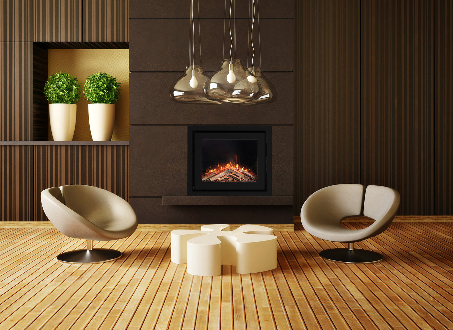 Moderne woonkamer met Element4 Elite 80 I E Supreme haard, designstoelen en hanglampen.