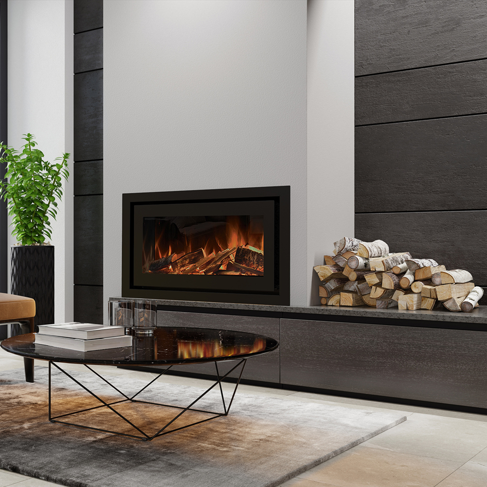 Element4 Elite 90 I E ingebouwde haard in een moderne woonkamer met houtopslag en salontafel.