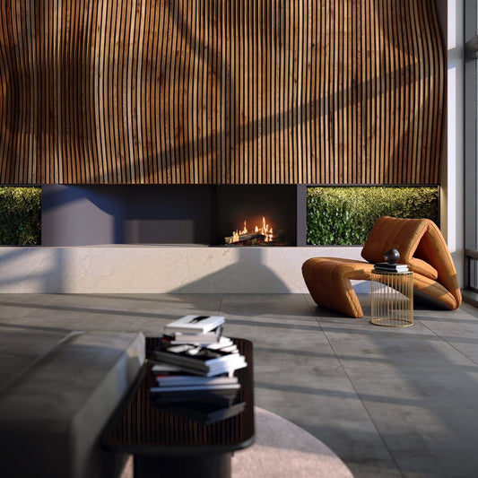 Faber Matrix Hybrid 800/650 II hoek in moderne woonkamer met houtwand en loungefauteuil
