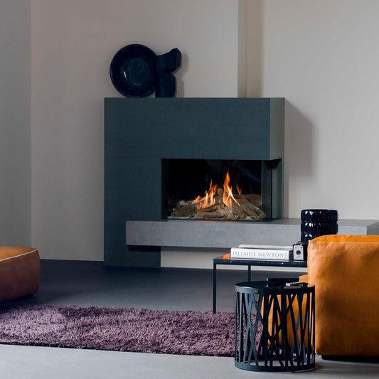 Faber Matrix 800/500 II Hoek in moderne woonkamer met brandend vuur