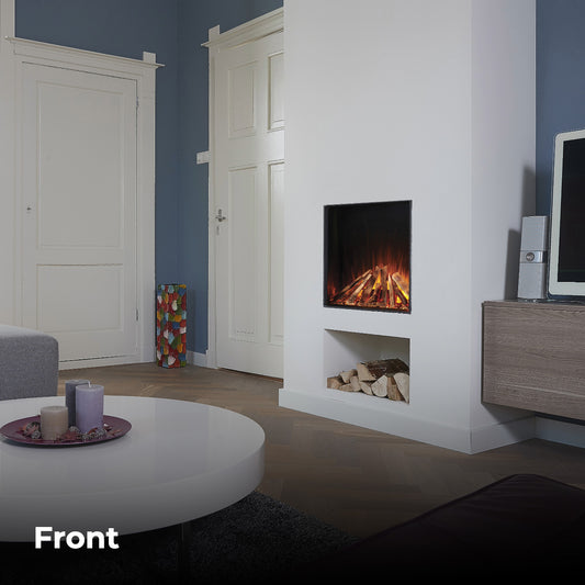 Fair Fires Tru Vizion Solution 750 in moderne woonkamer met vlammen