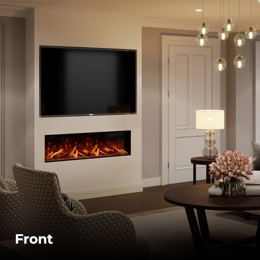 Fair Fires Tru Vizion Pano S 1300 in moderne woonkamer met lange haard
