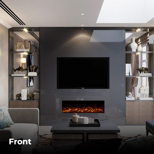 Fair Fires Tru Vizion Pano X 1250 in moderne woonkamer met ingebouwd haardvlak