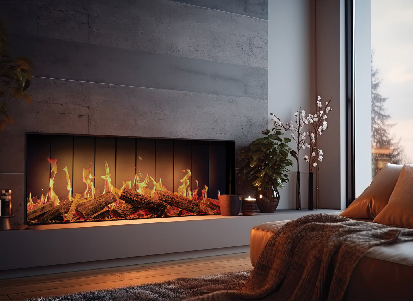 Fair Fires Solution TrueFlame 1500 3DX in een moderne, gezellige woonkamer met planten.