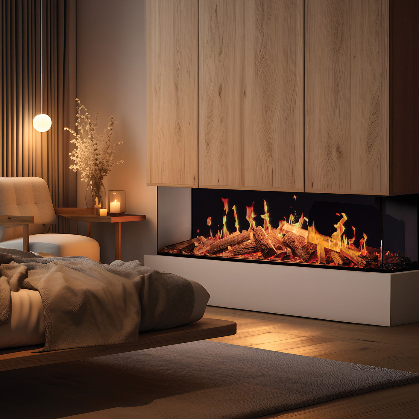 Sfeervolle slaapkamer met de Fair Fires Solution TrueFlame 1500 3DX haard, omgeven door warme verlichting.