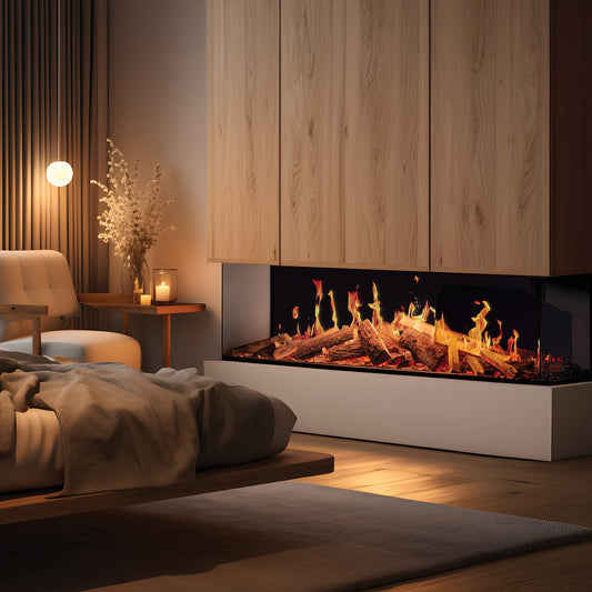 Sfeervolle slaapkamer met de Fair Fires Solution TrueFlame 1500 3DX haard, omgeven door warme verlichting.