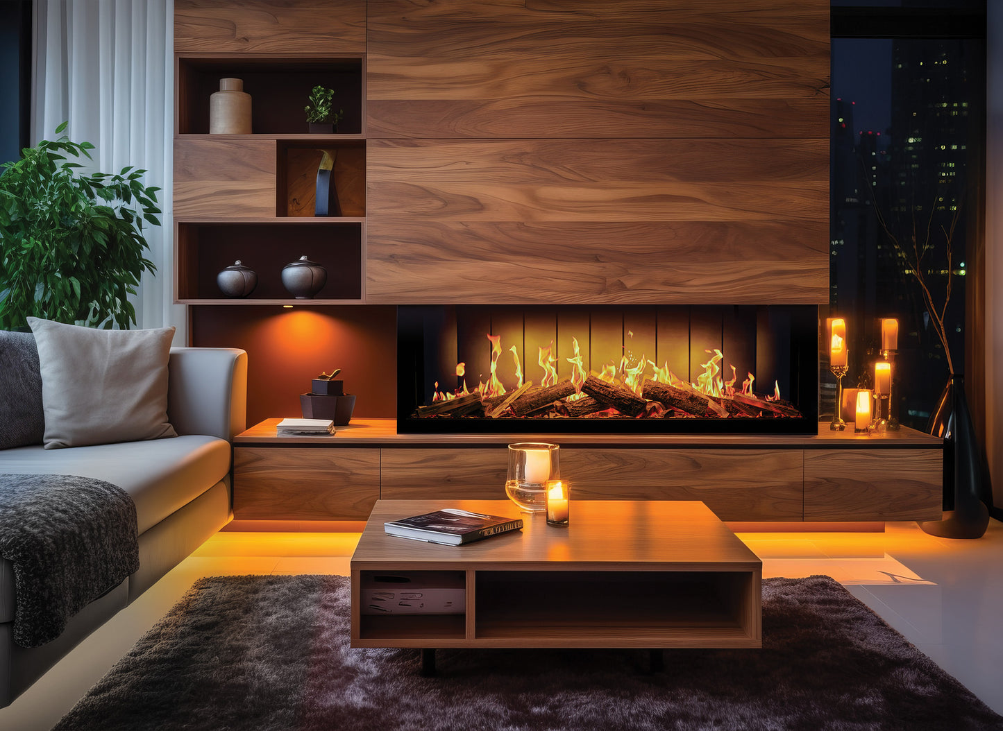 Gezellige woonkamer met de Fair Fires Solution TrueFlame 1500 3DX ingebouwde haard.