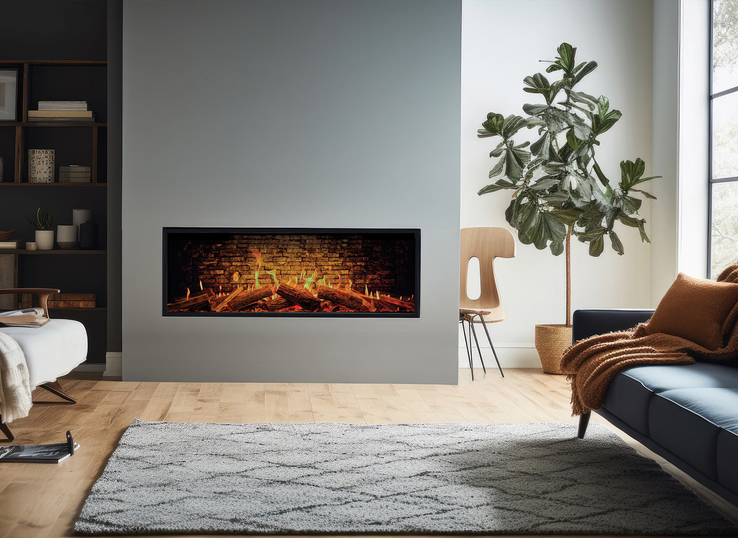 Fair Fires Solution TrueFlame 1500 3DX in een moderne woonkamer met een plant en een bank.
