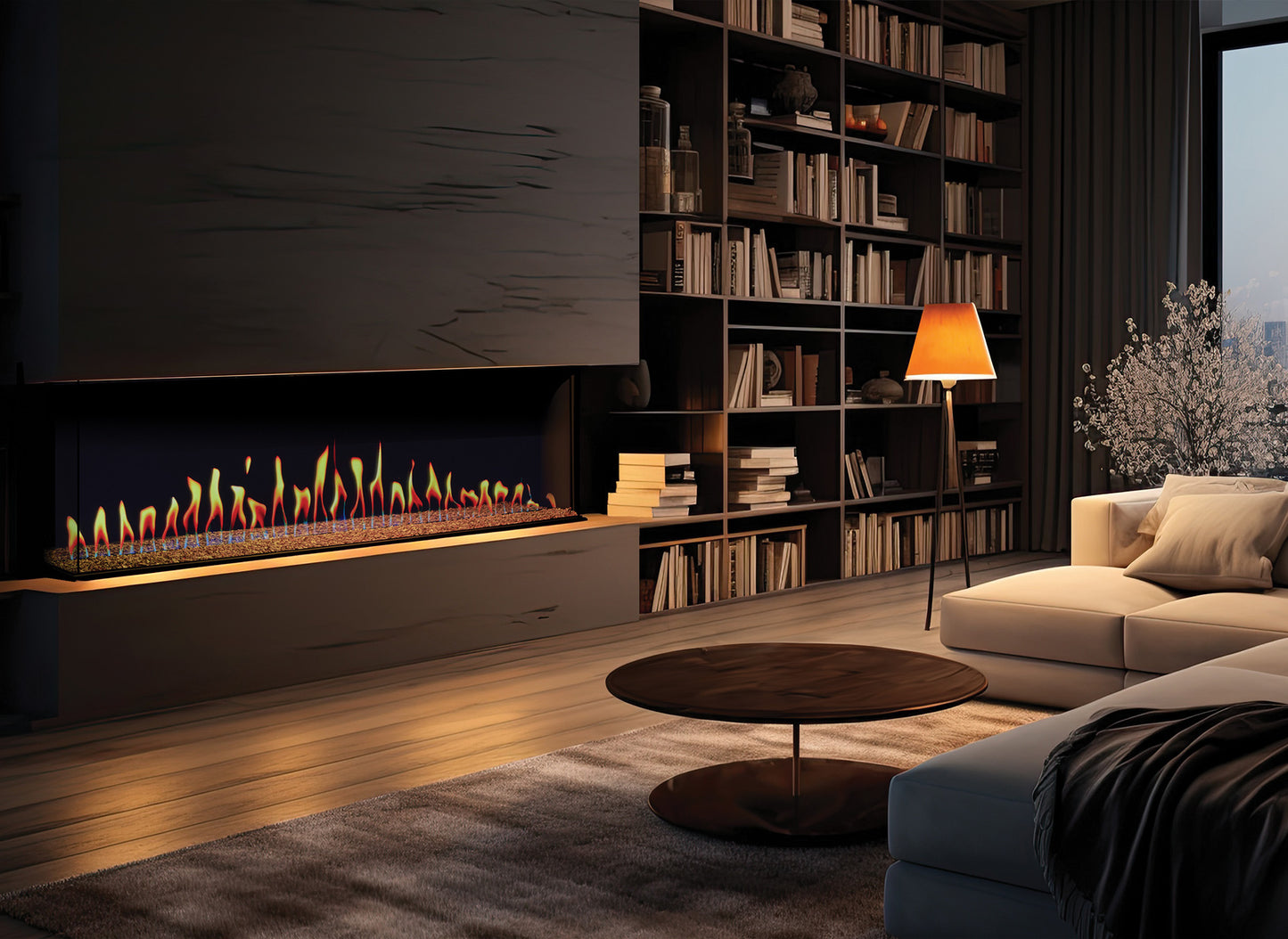 Gezellige woonkamer met ingebouwde Fair Fires Solution TrueFlame 1500 3DX haard, omgeven door boekenplanken.