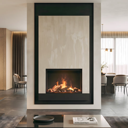 Dimplex e-MatriX 800/500 I Front in moderne woonkamer met ingebouwde haard en vlammen