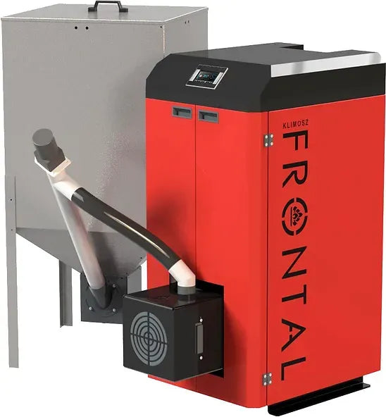 Rode Klimosz Frontal 12 ketel met grijze toevoerunit en display bovenop.
