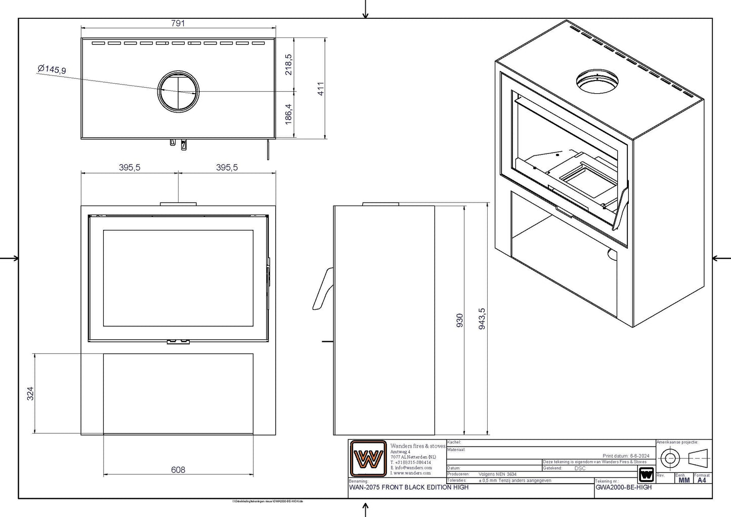 Technische tekening van Wanders WAN-2075 Black Edition High houtkachel met afmetingen en aanzichten.