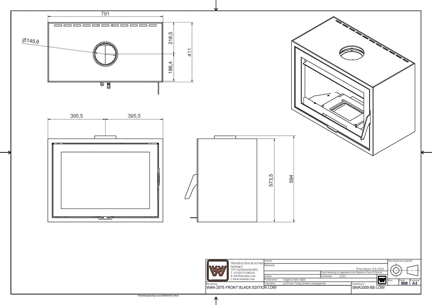 Technische tekening van Wanders WAN-2075 Black Edition Low met afmetingen en verschillende aanzichten.