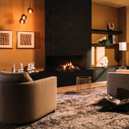 Faber Matrix Hybrid 800/500 II Hoek in moderne woonkamer met brandend haardvuur