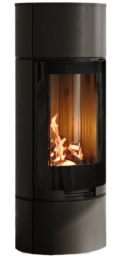 Nordic Fire Timber houtkachel met zichtbare vlammen op zwarte achtergrond