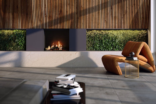 Faber Matrix Hybrid 800/650 I Front in moderne woonkamer met ingebouwde haard