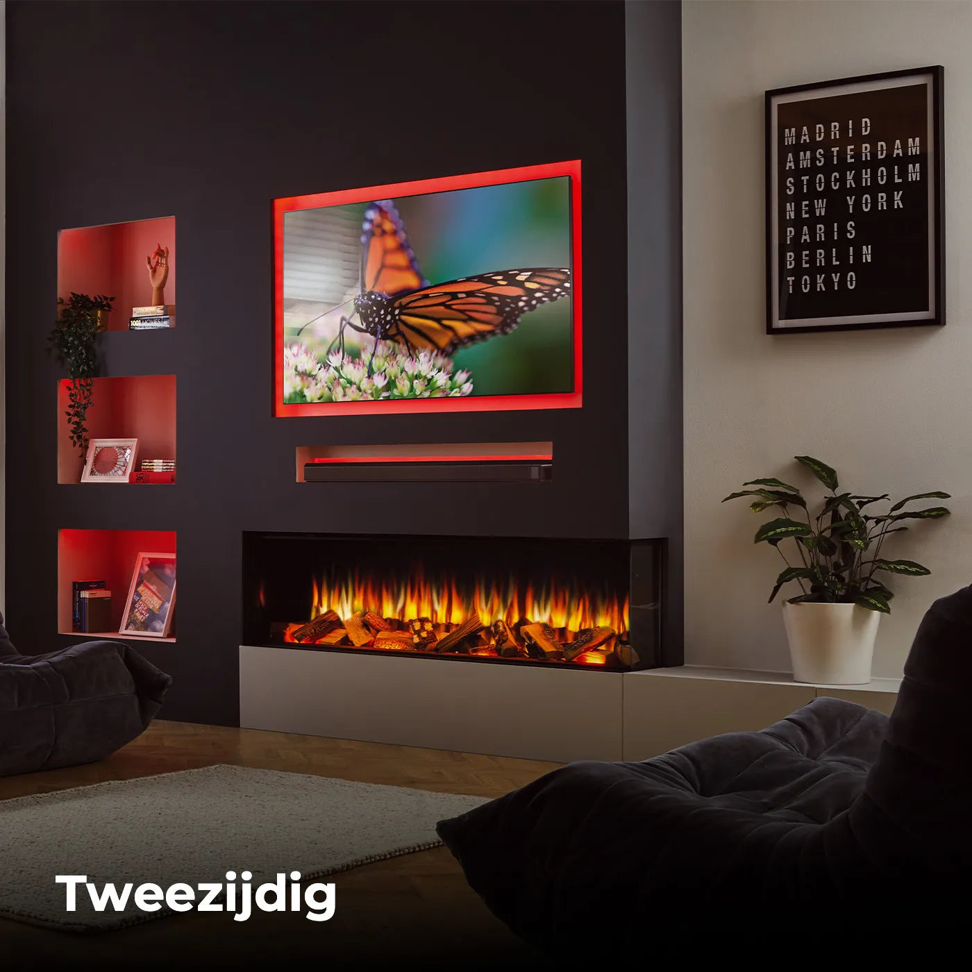 Charlton & Jenrick i-1500e Deep elektrische haard in een moderne woonkamer met rode accenten.