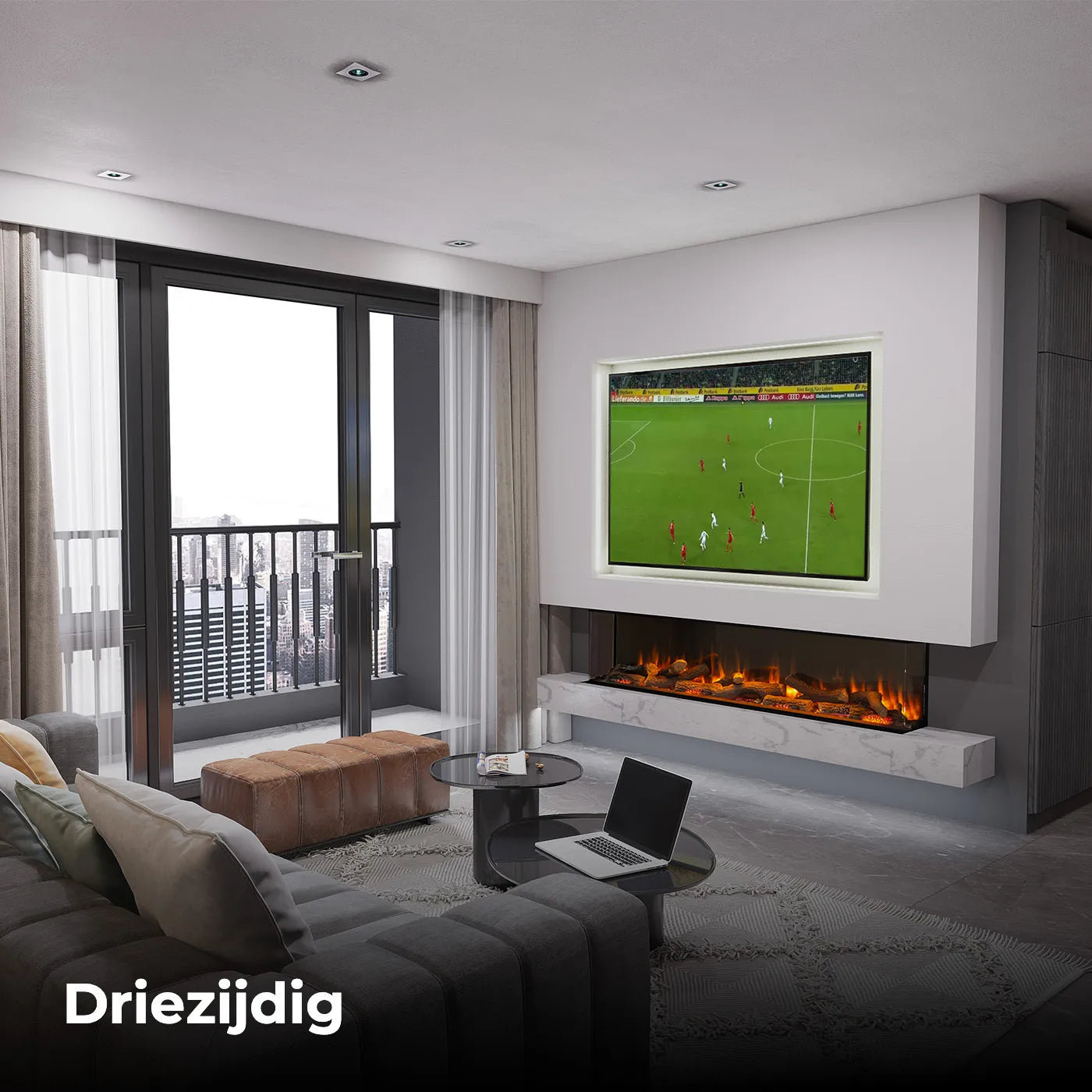 Woonkamer met Charlton & Jenrick i-1500e Deep haard onder een tv, naast een groot raam.