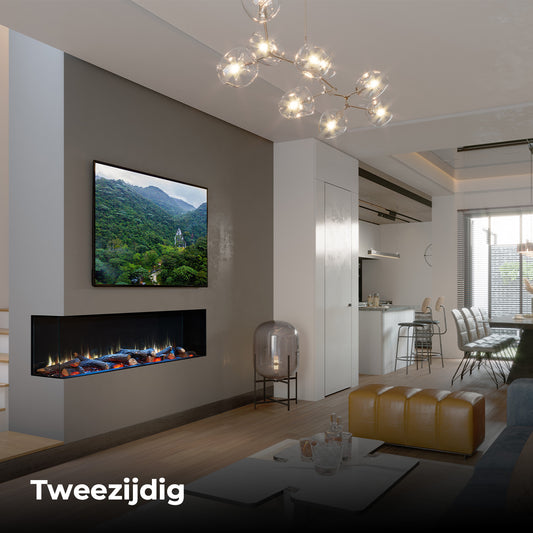 Charlton & Jenrick I-1800e Deep ingebouwd in moderne woonkamer, met vlammen