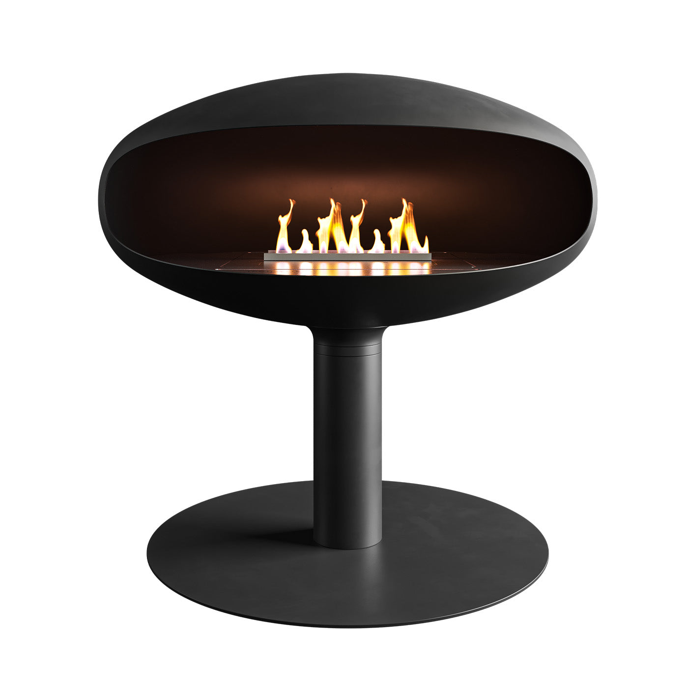 Icon Fires The Iconic 900 pedestal, een moderne zwarte haard met een ovale vorm en brandende vlammen.