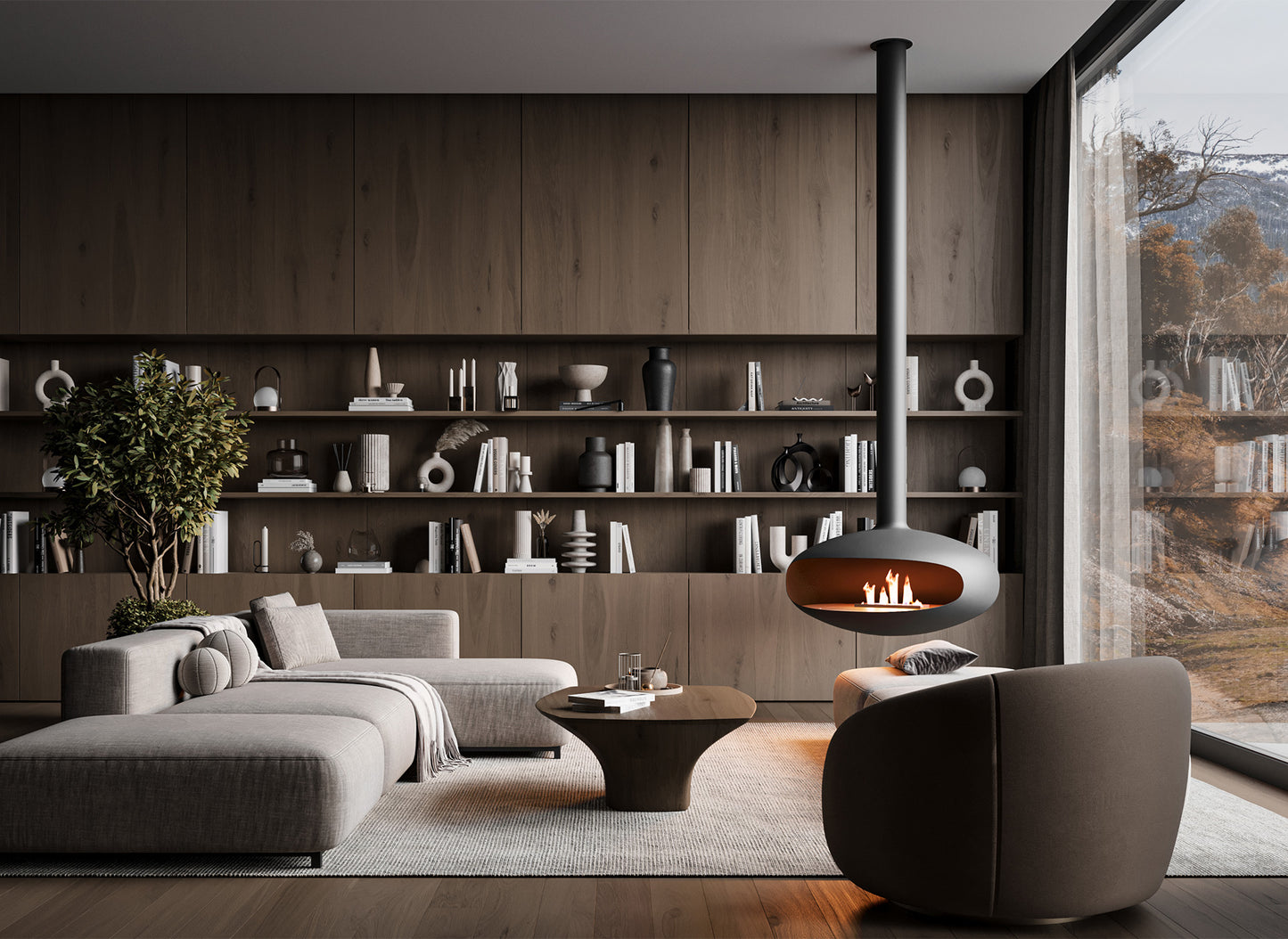 Moderne woonkamer met Icon Fires The Iconic 900 hangend, houten wand, boekenplanken en grote ramen.