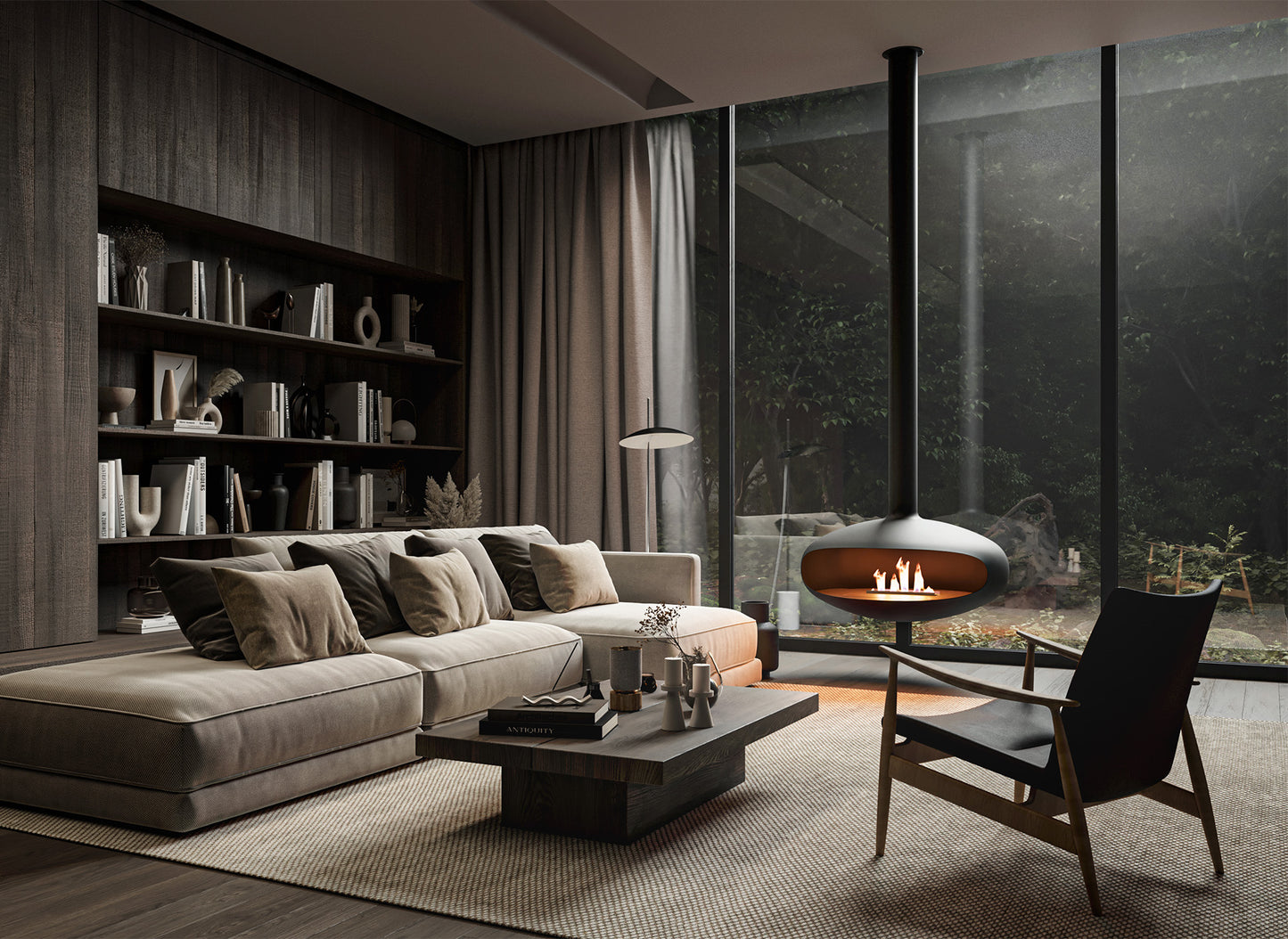 Moderne woonkamer met Icon Fires The Iconic 900 hangend, grote ramen en comfortabele zitplaatsen.