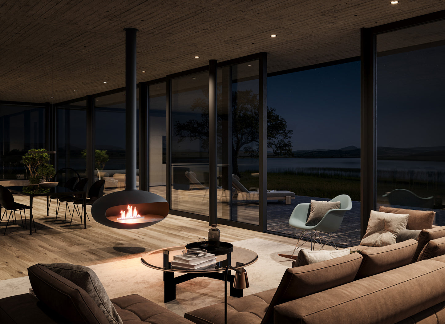 Moderne woonkamer met Icon Fires The Iconic 900 hangend, grote ramen en uitzicht op het meer.