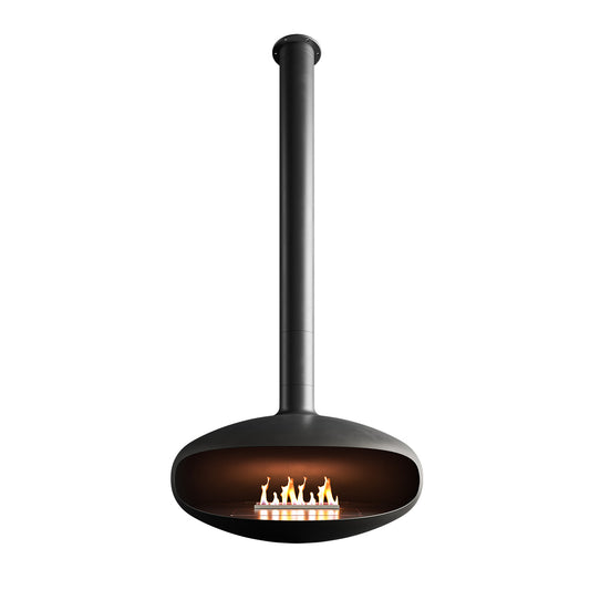 Icon Fires The Iconic 900 hangende zwarte haard met vlammen, bevestigd aan het plafond.