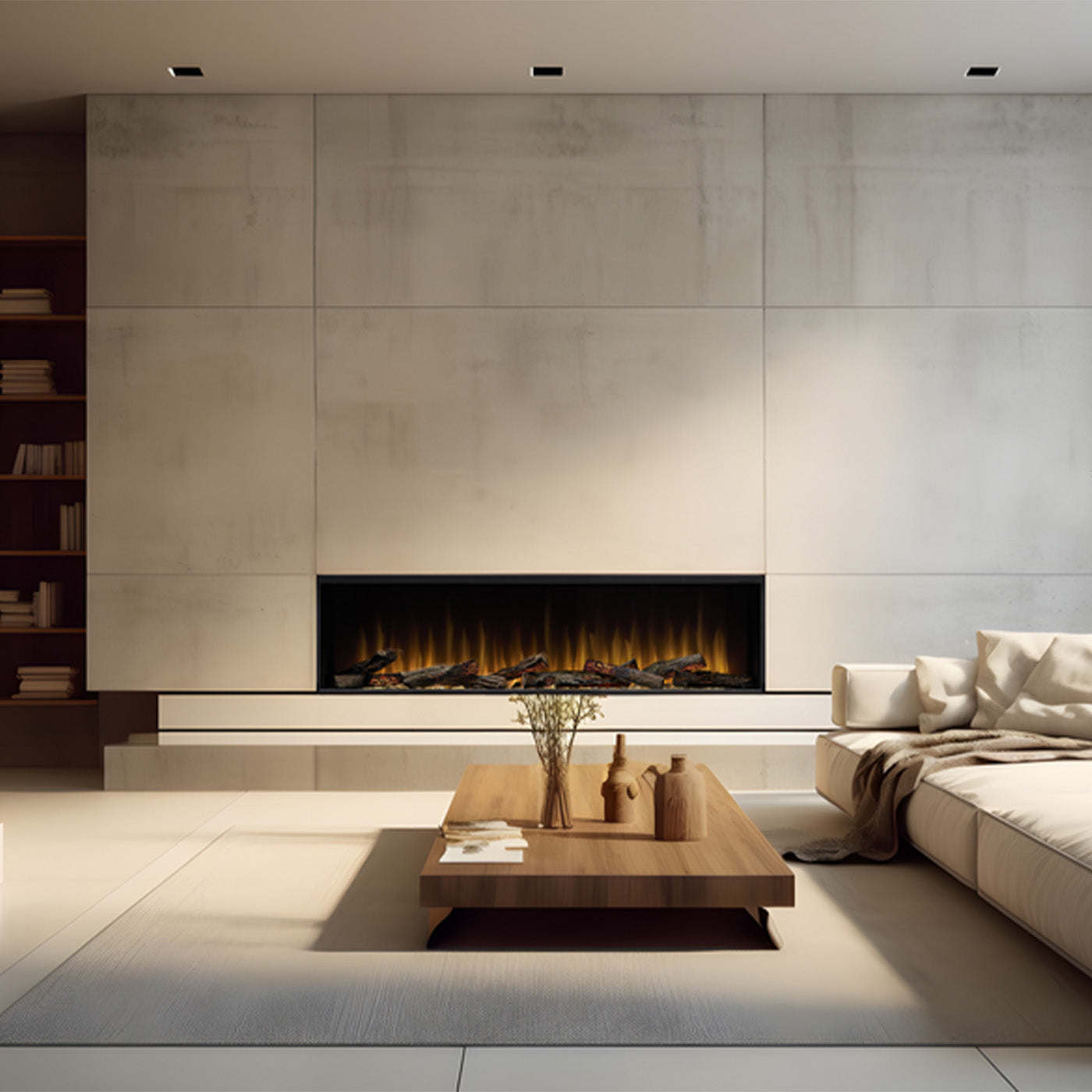 Moderne woonkamer met Dimplex Ignite Ultra 50 elektrische haard, houten salontafel en witte bank.