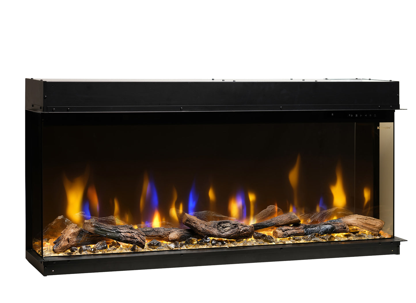 Dimplex Ignite Bold 50 elektrische haard met realistische vlammen en houtblokken op een glazen bed.