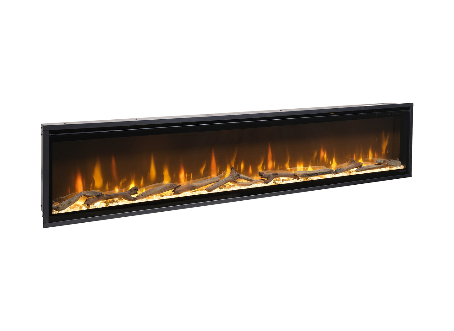 Dimplex Ignite Evolve 100, een lange, rechthoekige elektrische haard met realistische vlammen en houtblokken.