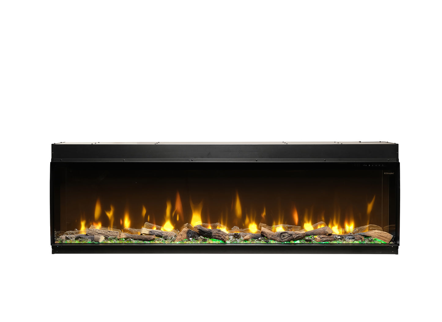 Dimplex Ignite Bold 74 elektrische haard met realistische vlammen en houtblokken op glazen stenen.