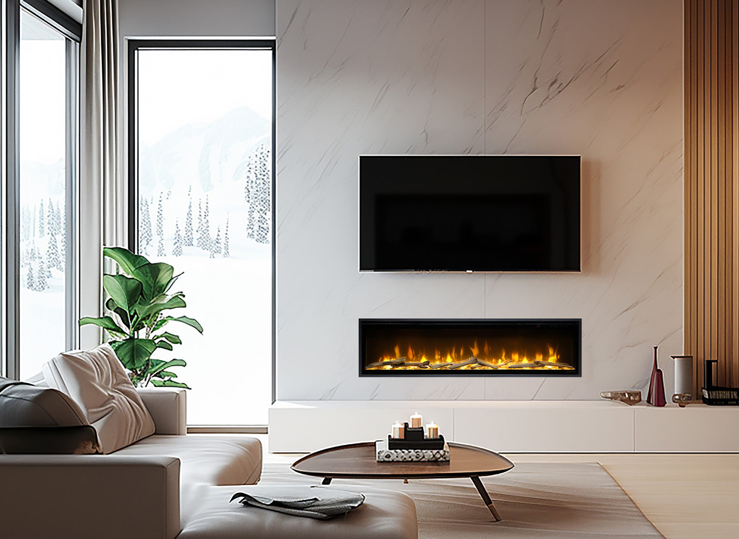 Moderne woonkamer met Dimplex Ignite Evolve 74 elektrische haard onder een muur gemonteerde televisie.