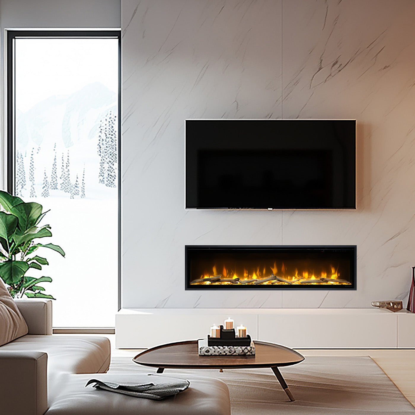 Woonkamer met Dimplex Ignite Evolve 100 elektrische haard onder een tv, naast een groot raam.