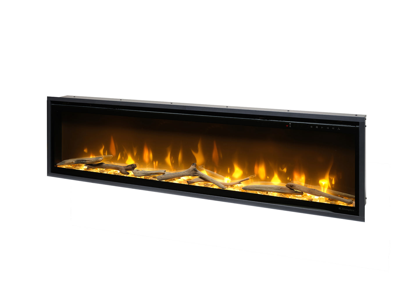 Dimplex Ignite Evolve 60: Elektrische haard met realistische vlammen en houtblokken in een zwarte omlijsting.