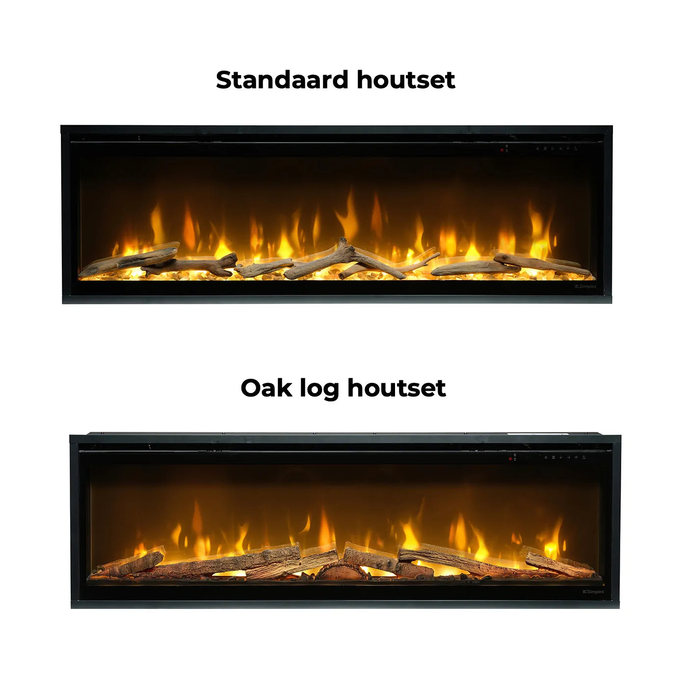 Dimplex Ignite Evolve 100 met standaard houtset en oak log houtset, beide met vlammen.