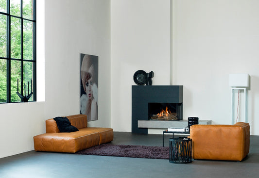 Faber Matrix 800/500 II Hoek in moderne woonkamer met brandend vuur