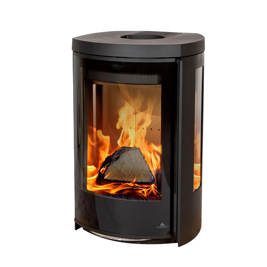 Jydepejsen Cozy Modern Wall houtkachel met zijruiten en zicht op vlammen
