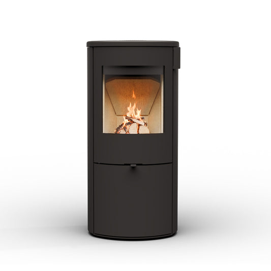 Wanders Kelio Box M Door houtkachel met brandend vuur, studio achtergrond