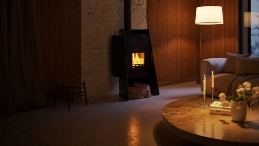 HS Flamingo Deluxe Island houtkachel met brandend vuur in een sfeervolle woonkamer
