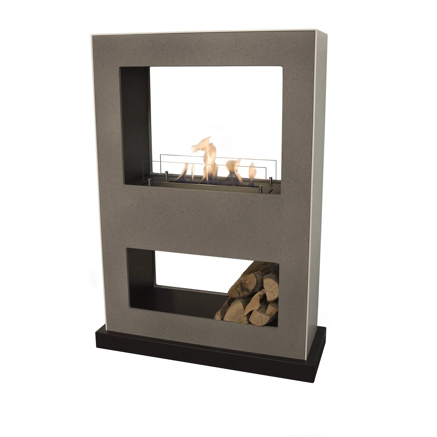 Xaralyn Lasize vrijstaande doorkijkhaard met modern design en houtopslagruimte onder de haard.