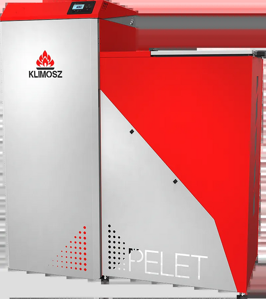 Klimosz LE Pelet 40 NG pelletketel in rood en grijs, studio-opname