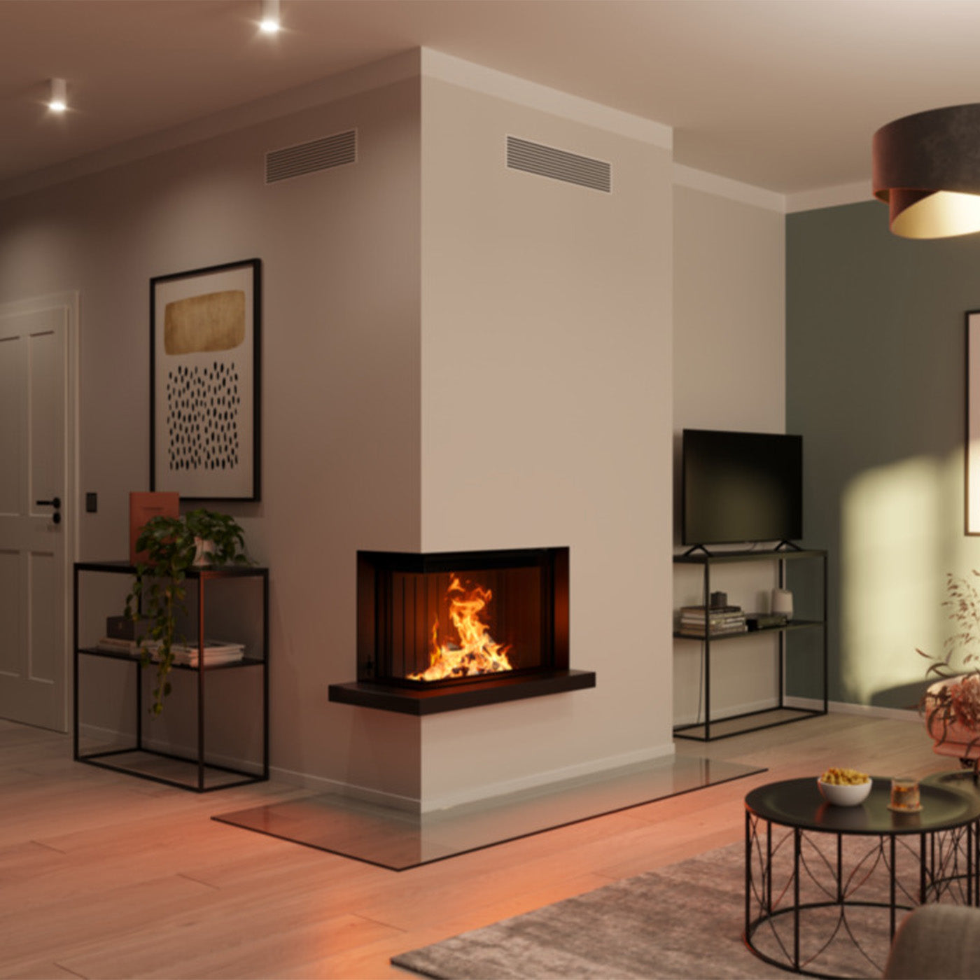 Spartherm Lean Corner 68x28x48 haard in een moderne woonkamer met minimalistische inrichting.