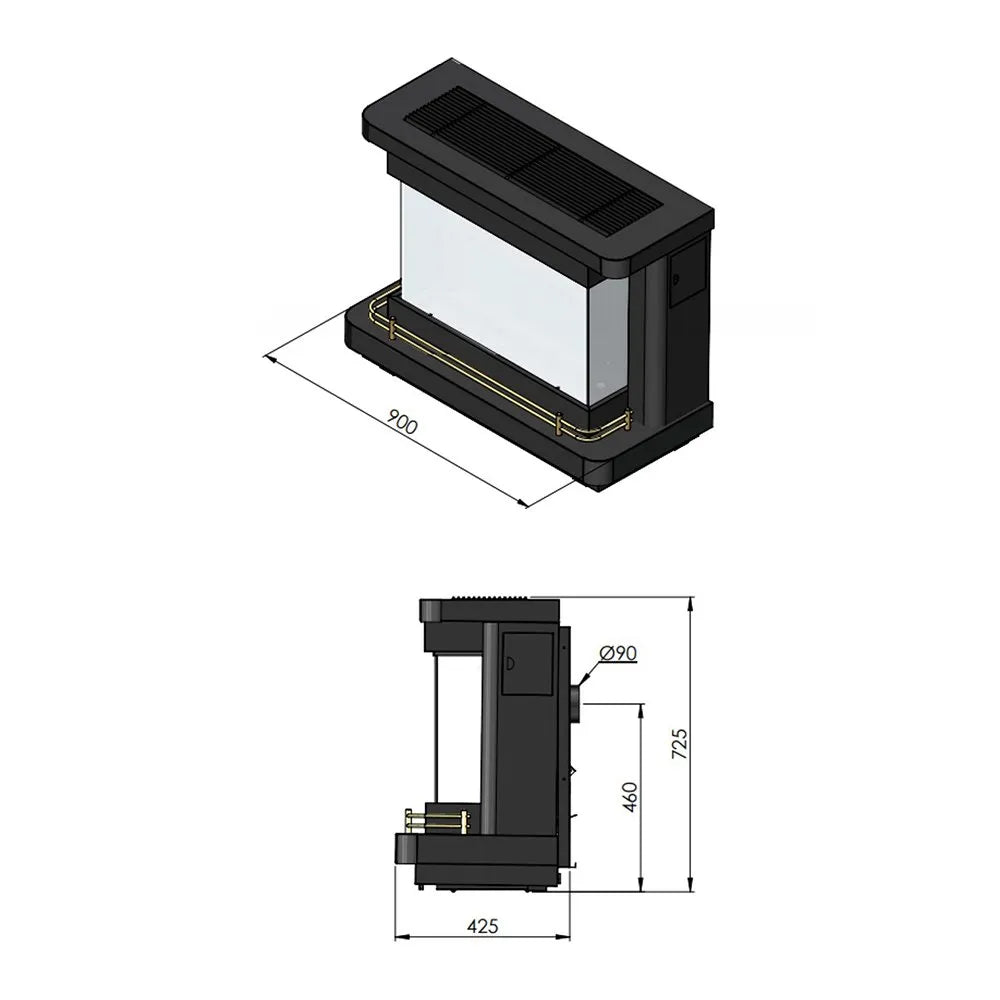 Bocal A116 gaskachel met afmetingen: 900 mm breed, 425 mm diep, 725 mm hoog.