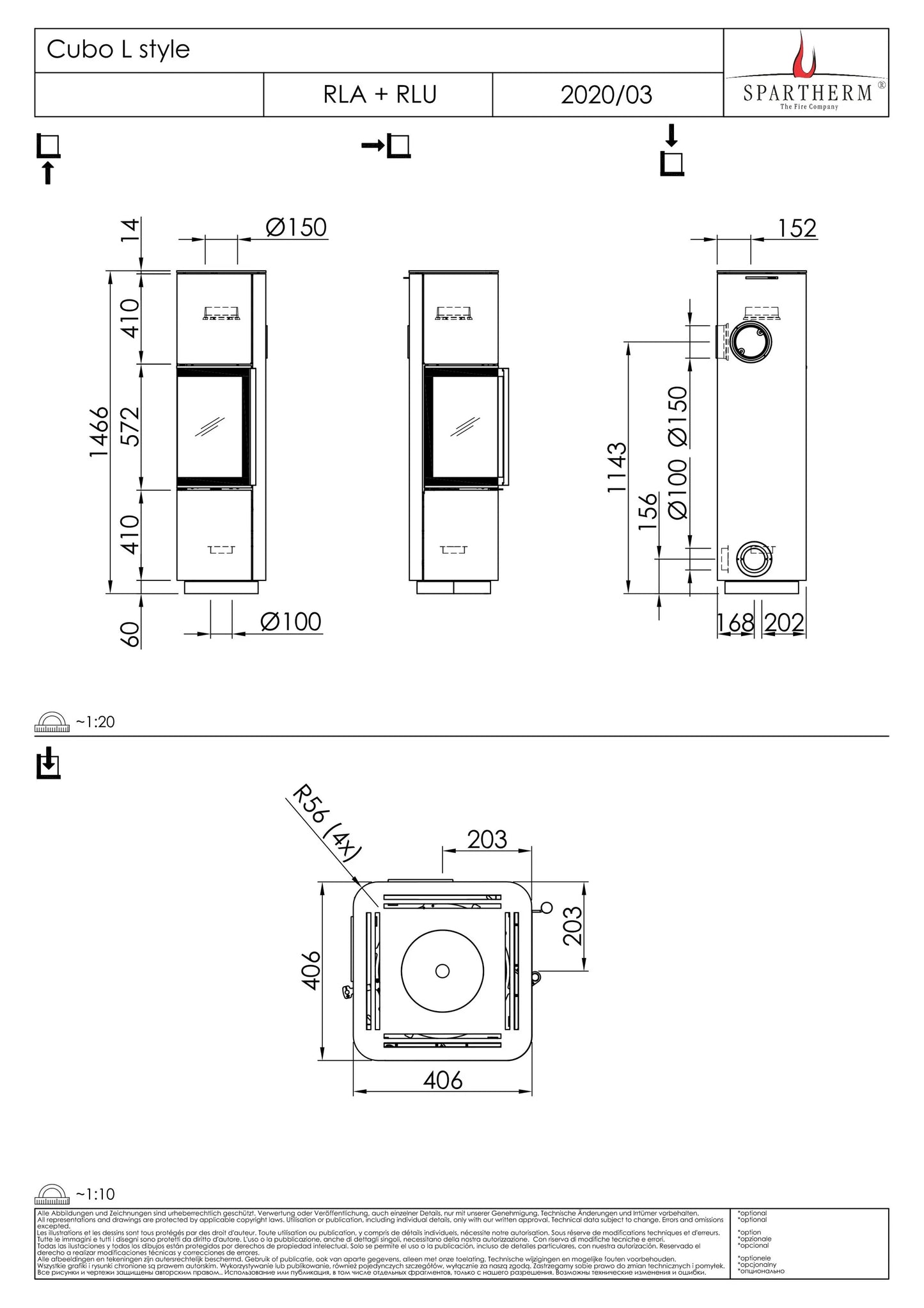 Technische tekening van Spartherm Cubo L Style houtkachel met afmetingen en aansluitdetails.