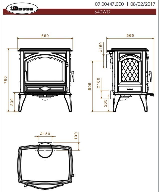 Dovre 640WD houtkachel technische tekening met maten