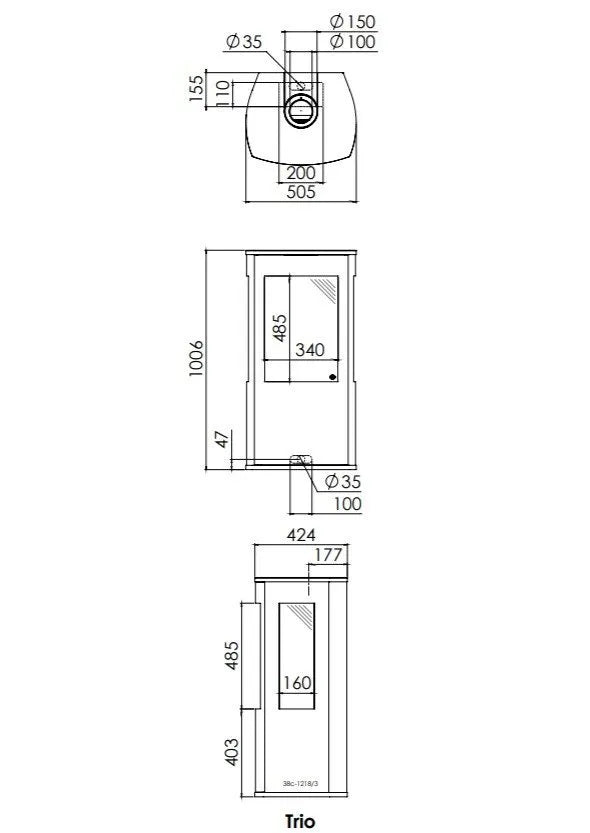 Technische tekening van DRU Trio gaskachel met afmetingen en aansluitpunten.